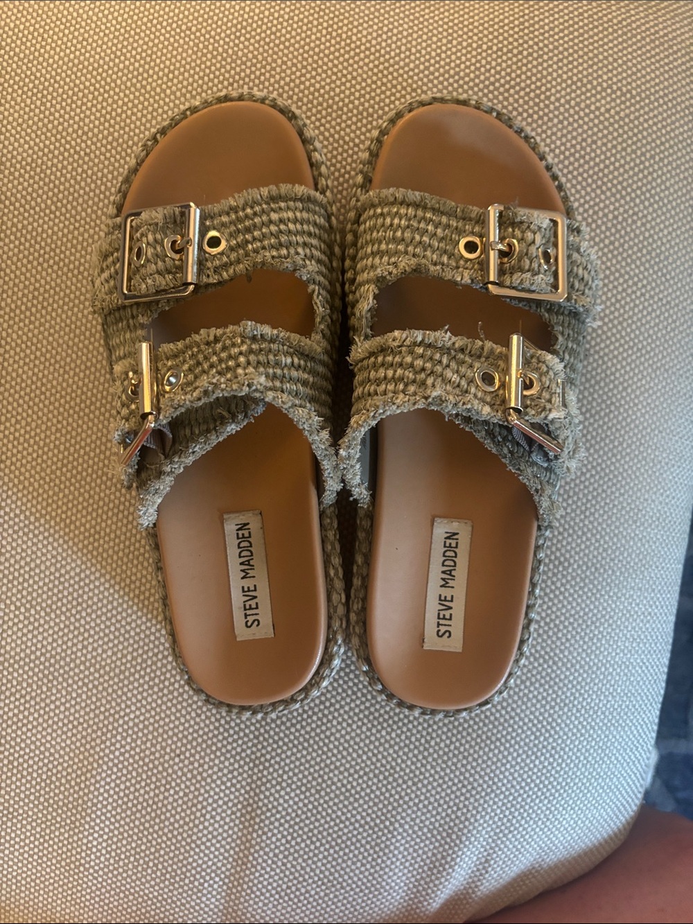 Steve Madden Olive Braided Double-Strap Sandals with Gold Buckles